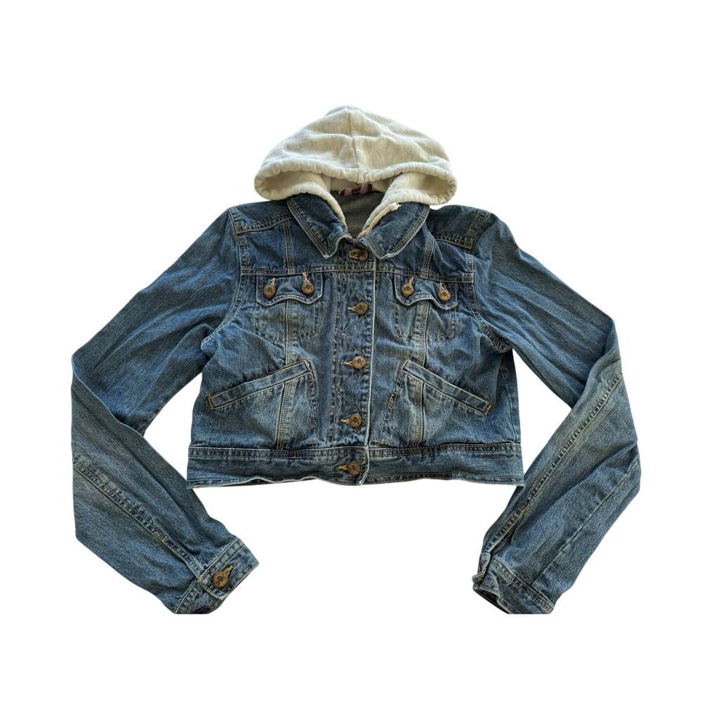 Periscope Y2K Hooded Denim Jacket Womens M Blue Jean Cream Hoodie Layered